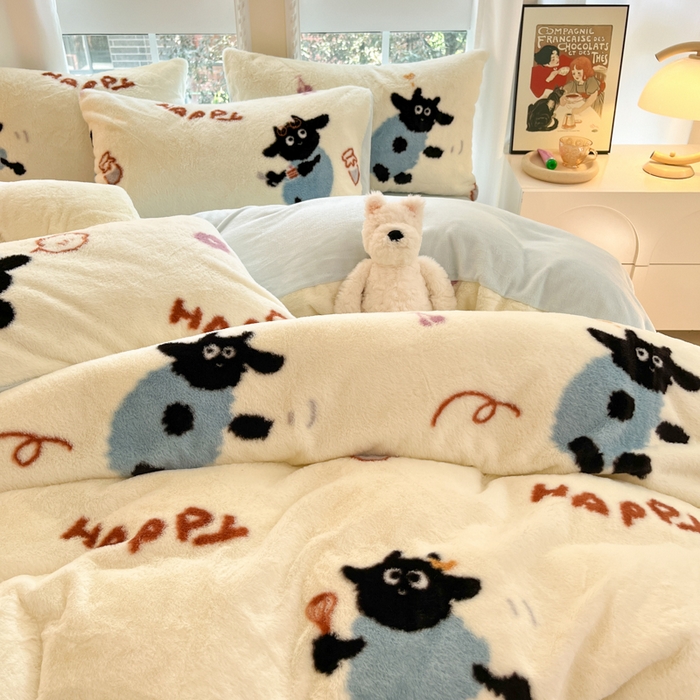 91家纺网 家纺一手货源 找家纺 慕澄家纺 2024新款兔绒牛奶绒加厚保暖印花四件套 小羊咩咩