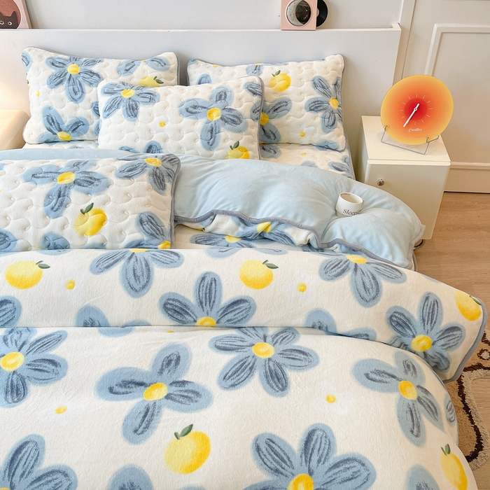 91家纺网 家纺一手货源 找家纺 2024秋冬A类牛奶绒加厚夹棉床笠+牛奶绒被套四件套向阳花