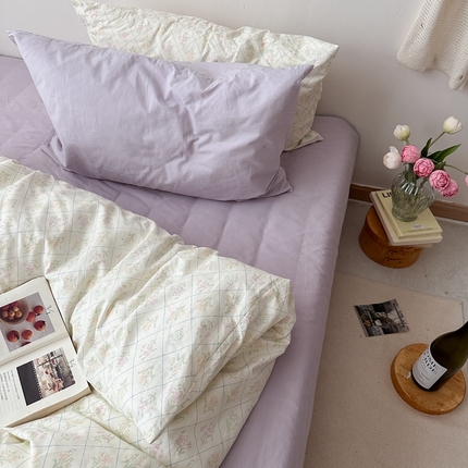 91家纺网 家纺一手货源 找家纺 （总）恋恋三季 2024新款纯棉印花韩式田园碎花四件套-格子铃兰-第一组