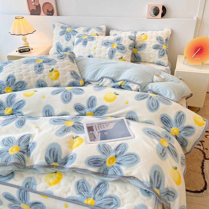 91家纺网 家纺一手货源 找家纺 2024秋冬A类牛奶绒加厚夹棉床笠+牛奶绒被套四件套向阳花