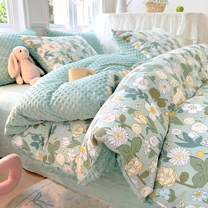 91家纺网 家纺一手货源 找家纺 优迈2024新秋冬加厚保暖全棉+豆豆绒四件套婴儿绒牛奶绒豆豆单被套单人双人加大号棉加绒三件套四件套 春意盎然