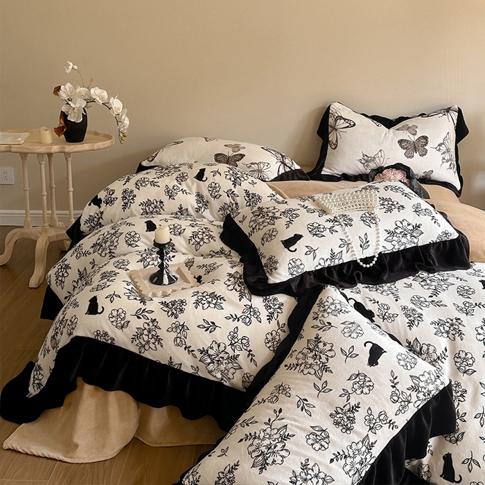 91家纺网 家纺一手货源 找家纺 2024新款加厚保暖高克重法式赫本风牛奶绒四件套 法式-猫先生