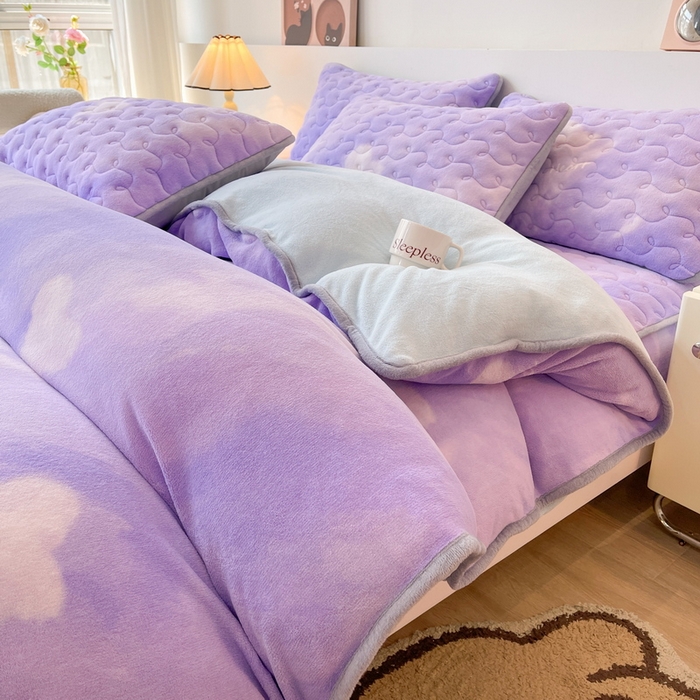 91家纺网 家纺一手货源 找家纺 2024秋冬A类牛奶绒加厚夹棉床笠+牛奶绒被套四件套炫彩