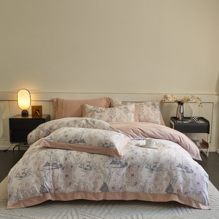 91家纺网 家纺一手货源 找家纺 （总）慕晨 2024新款A类全棉贡缎磨毛数码印花宽边简约风中高端四件套直播爆款