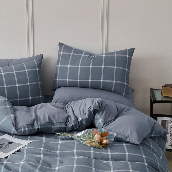 91家纺网 家纺一手货源 找家纺 盛秋家纺 2025新款格子单被套灰大格+蓝灰