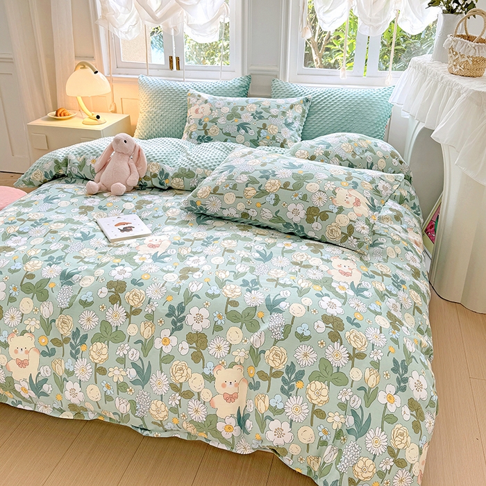 91家纺网 家纺一手货源 找家纺 优迈2024新秋冬加厚保暖全棉+豆豆绒四件套婴儿绒牛奶绒豆豆单被套单人双人加大号棉加绒三件套四件套 春意盎然