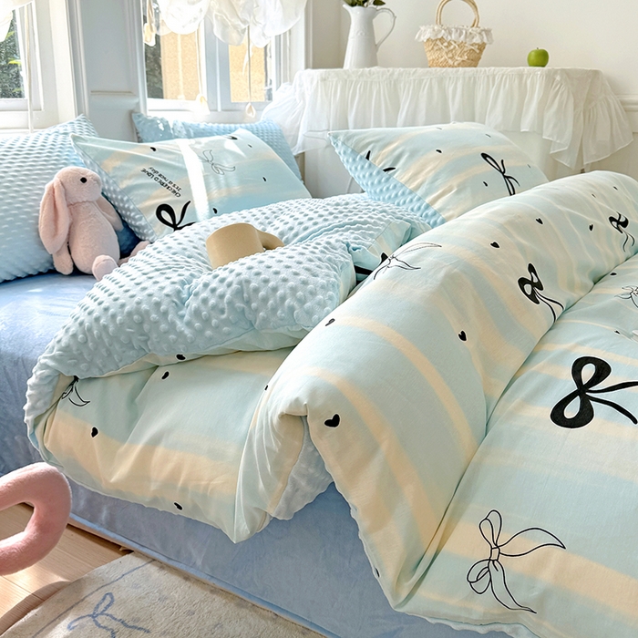 91家纺网 家纺一手货源 找家纺 优迈2024新秋冬加厚保暖全棉+豆豆绒四件套婴儿绒牛奶绒豆豆单被套单人双人加大号棉加绒三件套四件套 美丽蝴蝶结