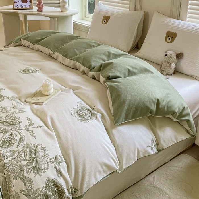 91家纺网 家纺一手货源 找家纺 优品阁 2024新款亲肤舒适全棉磨毛四件套学生三件套系列  温妮莎-绿