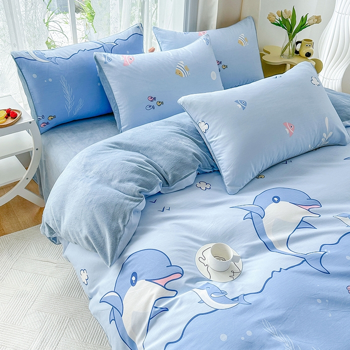 91家纺网 家纺一手货源 找家纺 金鑫汇家纺 2024年新款棉加绒印花四件套保暖牛奶绒法莱绒水晶绒 棉加绒-海洋世界