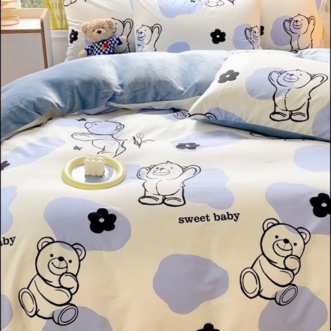 91家纺网 家纺一手货源 找家纺 金鑫汇家纺 2024年新款棉加绒印花四件套保暖牛奶绒法莱绒水晶绒 棉加绒-小熊菲比