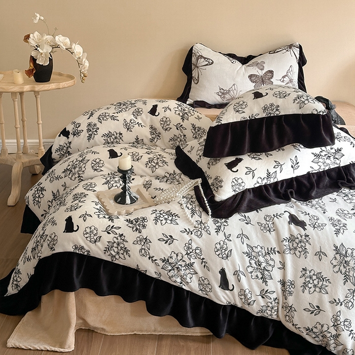 91家纺网 家纺一手货源 找家纺 2024新款加厚保暖高克重法式赫本风牛奶绒四件套 法式-猫先生