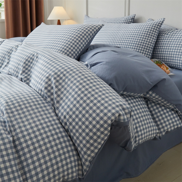 91家纺网 家纺一手货源 找家纺 盛秋家纺 2025新款格子单被套蓝小格+蓝灰