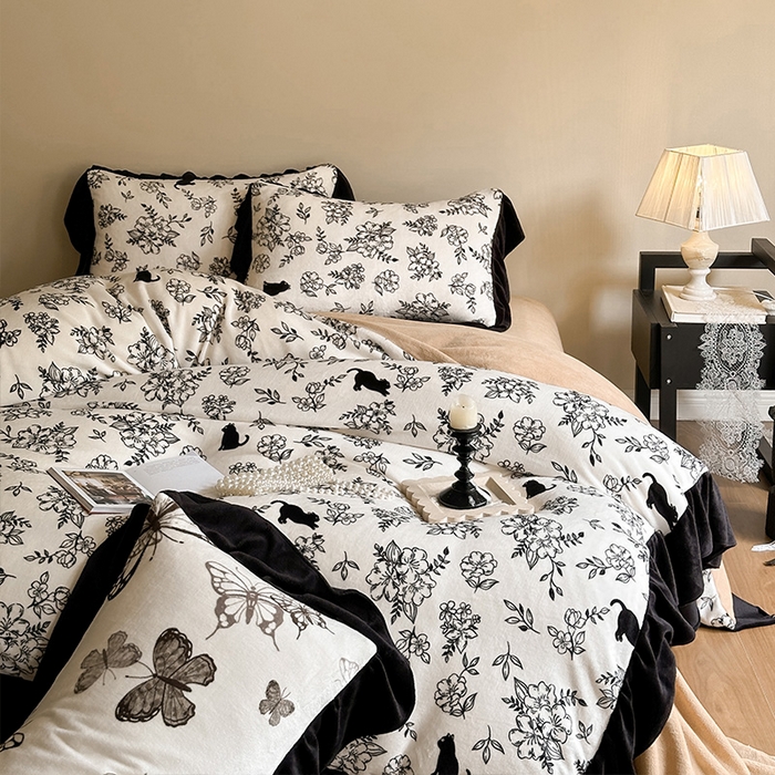 91家纺网 家纺一手货源 找家纺 2024新款加厚保暖高克重法式赫本风牛奶绒四件套 法式-猫先生