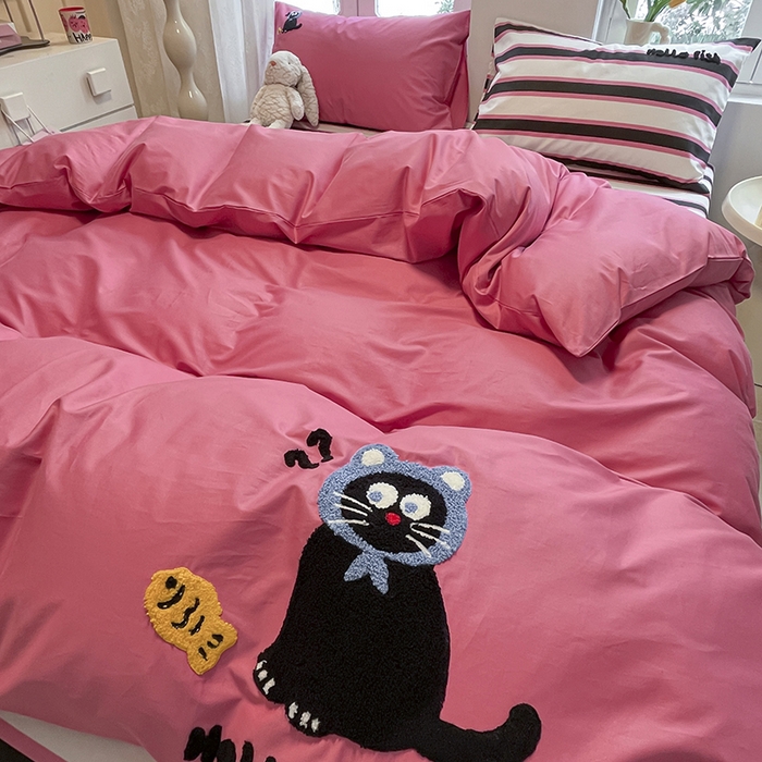 91家纺网 家纺一手货源 找家纺 吉象家纺 2024新款全棉斜纹毛巾绣混搭四件套 小馋猫