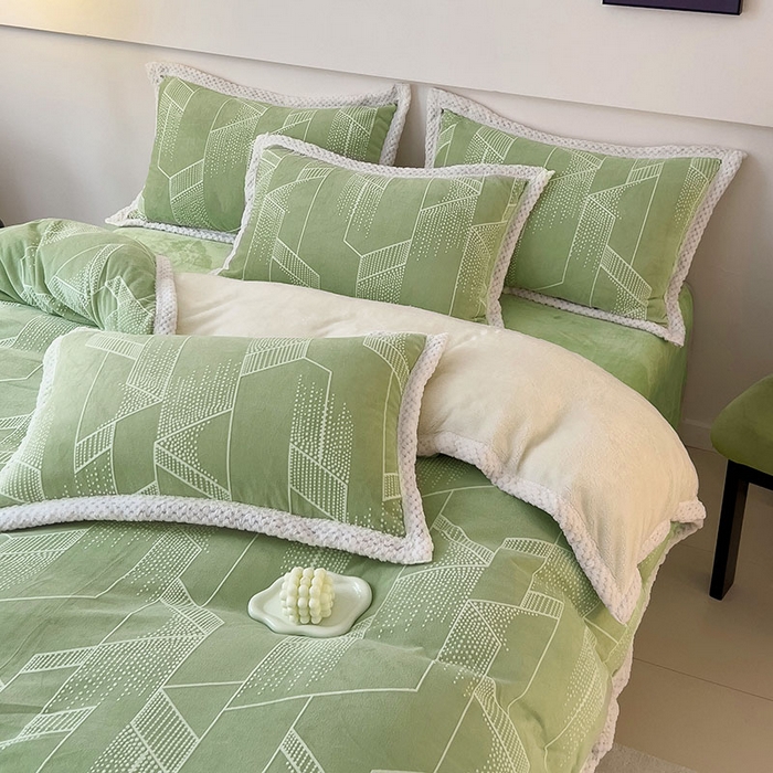 91家纺网 家纺一手货源 找家纺 2024新款简约包边全消光雕花牛奶绒兔兔绒四件套 包边绒 繁星闪耀绿