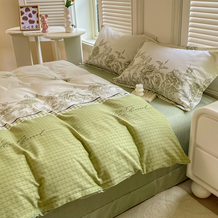 91家纺网 家纺一手货源 找家纺 优品阁 2024新款亲肤舒适全棉磨毛四件套学生三件套系列  温妮莎-绿