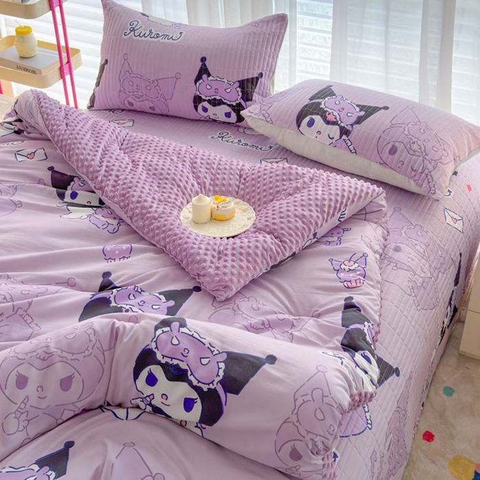 91家纺网 家纺一手货源 找家纺 梵克保罗 2024新款水洗棉豆豆被床盖四件套 紫色库洛米