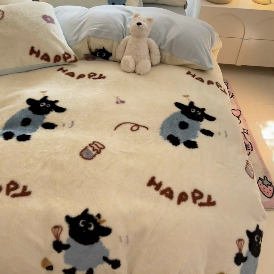 91家纺网 家纺一手货源 找家纺 慕澄家纺 2024新款兔绒牛奶绒加厚保暖印花四件套 小羊咩咩