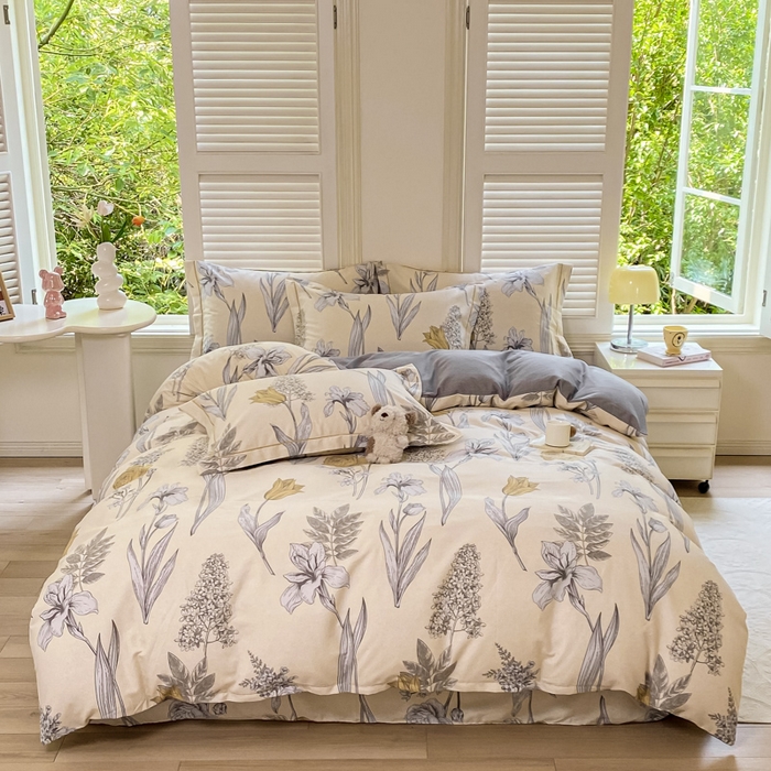 91家纺网 家纺一手货源 找家纺 优品阁 2024新款亲肤舒适全棉磨毛四件套学生三件套系列  且听风铃-灰