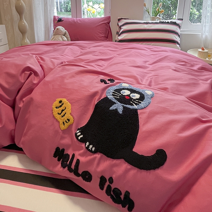 91家纺网 家纺一手货源 找家纺 吉象家纺 2024新款全棉斜纹毛巾绣混搭四件套 小馋猫