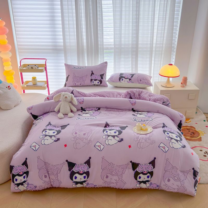 91家纺网 家纺一手货源 找家纺 梵克保罗 2024新款水洗棉豆豆被床盖四件套 紫色库洛米