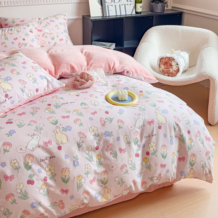 91家纺网 家纺一手货源 找家纺 金鑫汇家纺 2024年新款棉加绒印花四件套保暖牛奶绒法莱绒水晶绒 棉加绒-荷枝桃桃