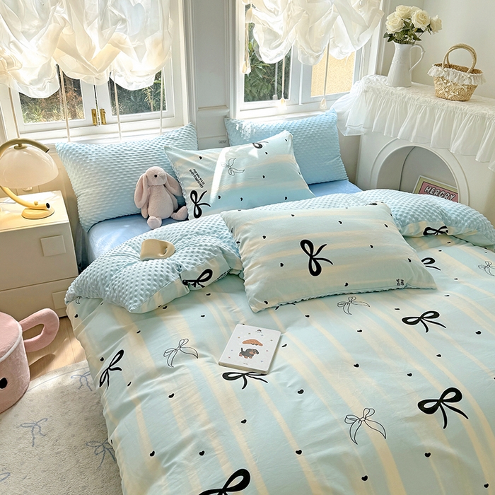 91家纺网 家纺一手货源 找家纺 优迈2024新秋冬加厚保暖全棉+豆豆绒四件套婴儿绒牛奶绒豆豆单被套单人双人加大号棉加绒三件套四件套 美丽蝴蝶结