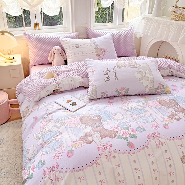 91家纺网 家纺一手货源 找家纺 优迈2024新秋冬加厚保暖全棉+豆豆绒四件套婴儿绒牛奶绒豆豆单被套单人双人加大号棉加绒三件套四件套 童话镇