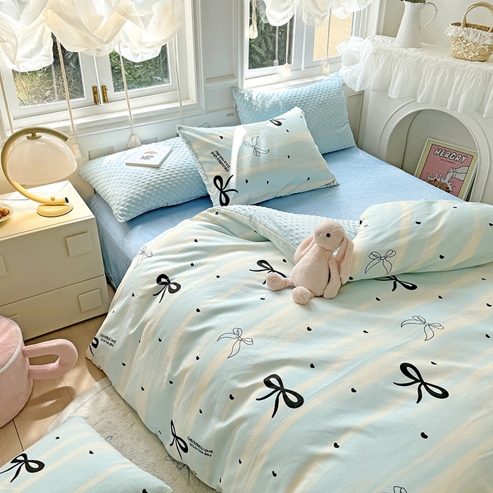 91家纺网 家纺一手货源 找家纺 优迈2024新秋冬加厚保暖全棉+豆豆绒四件套婴儿绒牛奶绒豆豆单被套单人双人加大号棉加绒三件套四件套 美丽蝴蝶结