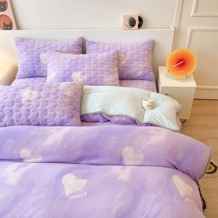 91家纺网 家纺一手货源 找家纺 2024秋冬A类牛奶绒加厚夹棉床笠+牛奶绒被套四件套炫彩