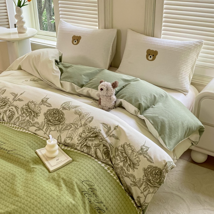 91家纺网 家纺一手货源 找家纺 优品阁 2024新款亲肤舒适全棉磨毛四件套学生三件套系列  温妮莎-绿