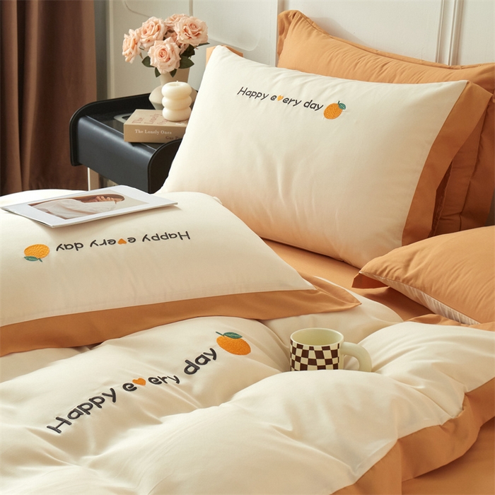 91家纺网 家纺一手货源 找家纺 （总）2025新款水洗磨毛刺绣四件套-桔子-拼角系列