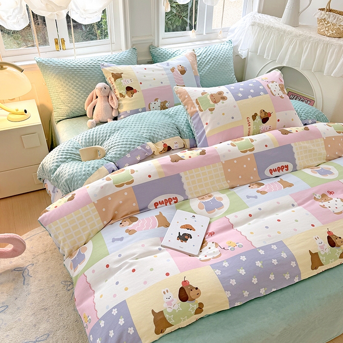 91家纺网 家纺一手货源 找家纺 优迈2024新秋冬加厚保暖全棉+豆豆绒四件套婴儿绒牛奶绒豆豆单被套单人双人加大号棉加绒三件套四件套 动物乐园