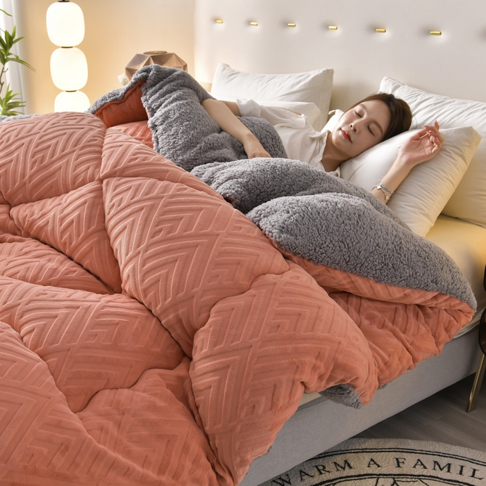 91家纺网 家纺一手货源 找家纺 锦逸家居 2025新款剪花牛奶绒冬被纯色冬被雕花牛奶绒冬被被子被芯春秋被 落日橙