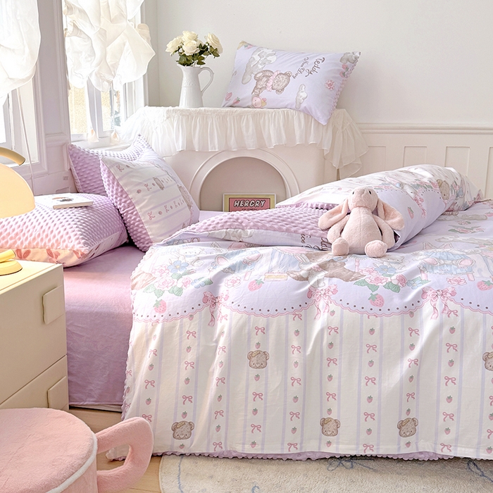 91家纺网 家纺一手货源 找家纺 优迈2024新秋冬加厚保暖全棉+豆豆绒四件套婴儿绒牛奶绒豆豆单被套单人双人加大号棉加绒三件套四件套 童话镇