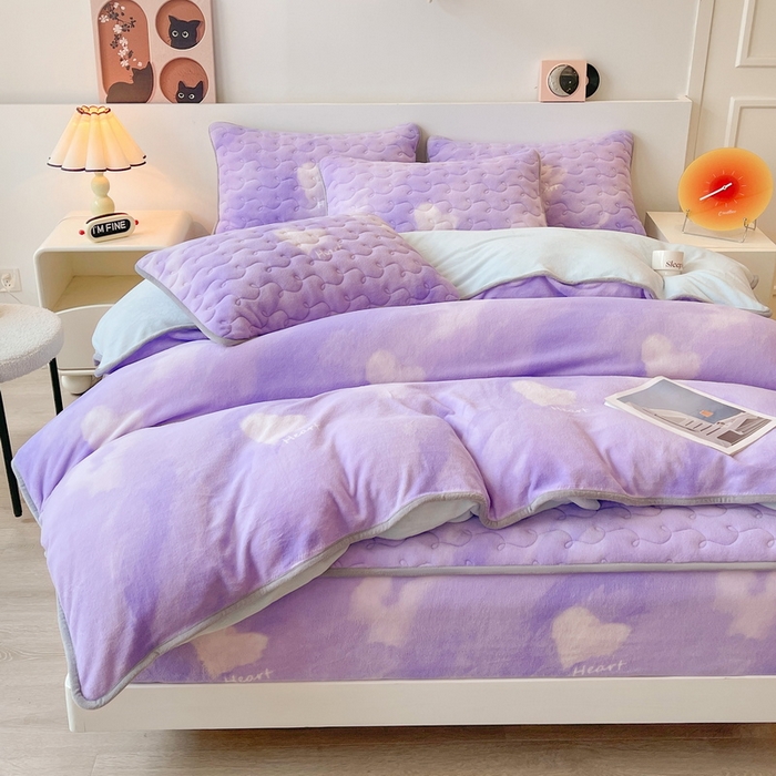 91家纺网 家纺一手货源 找家纺 2024秋冬A类牛奶绒加厚夹棉床笠+牛奶绒被套四件套炫彩