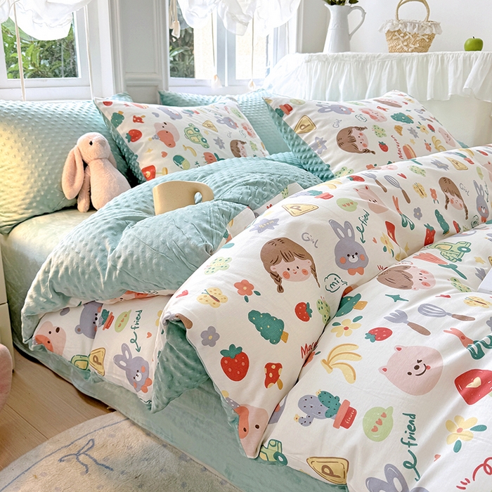 91家纺网 家纺一手货源 找家纺 优迈2024新秋冬加厚保暖全棉+豆豆绒四件套婴儿绒牛奶绒豆豆单被套单人双人加大号棉加绒三件套四件套 小孩儿哥姐