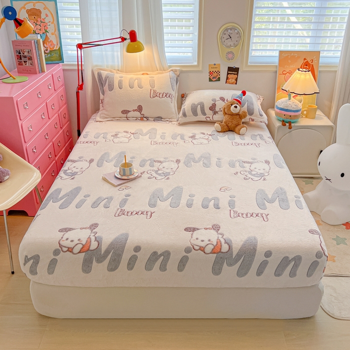 91家纺网 家纺一手货源 找家纺 韩巢家纺 2024新款加厚雪花绒卡通印花保暖床笠三件套 米菲