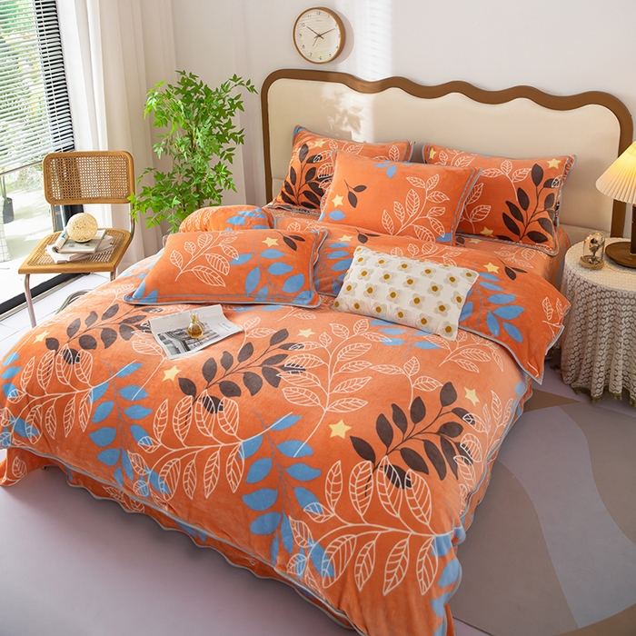 91家纺网 家纺一手货源 找家纺 雨萝家纺 2024新款亲肤舒适牛奶绒四件套 叶幕-橙