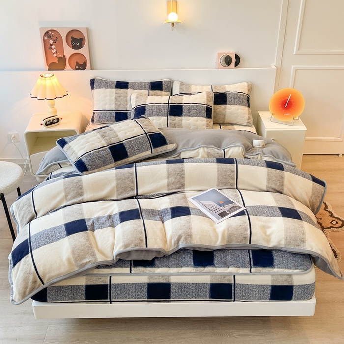 91家纺网 家纺一手货源 找家纺 2024秋冬A类牛奶绒加厚夹棉床笠+牛奶绒被套四件套肌理格