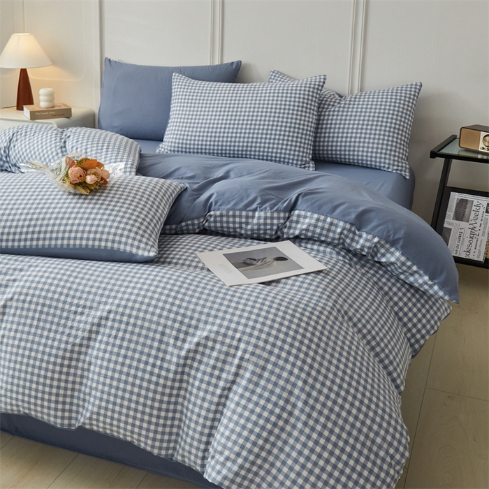 91家纺网 家纺一手货源 找家纺 盛秋家纺 2025新款格子单被套蓝小格+蓝灰