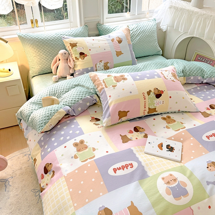 91家纺网 家纺一手货源 找家纺 优迈2024新秋冬加厚保暖全棉+豆豆绒四件套婴儿绒牛奶绒豆豆单被套单人双人加大号棉加绒三件套四件套 动物乐园