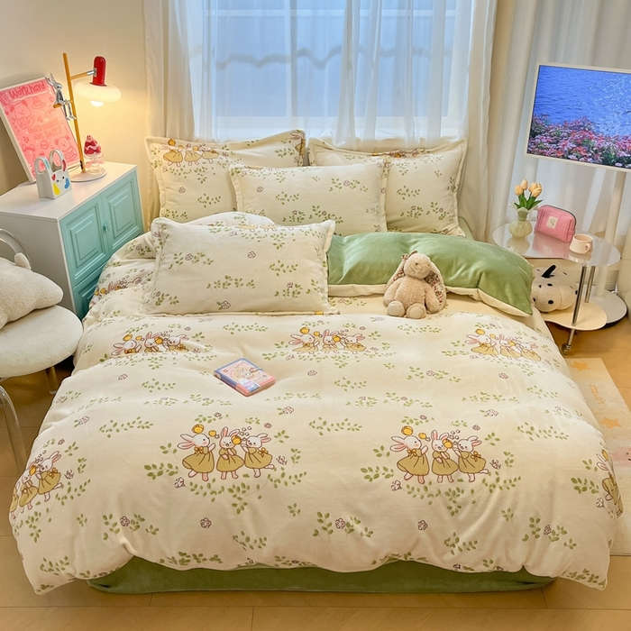 91家纺网 家纺一手货源 找家纺 慕尚家纺 2025新款3.5kg高克重田园花卉类牛奶绒四件套 花园兔