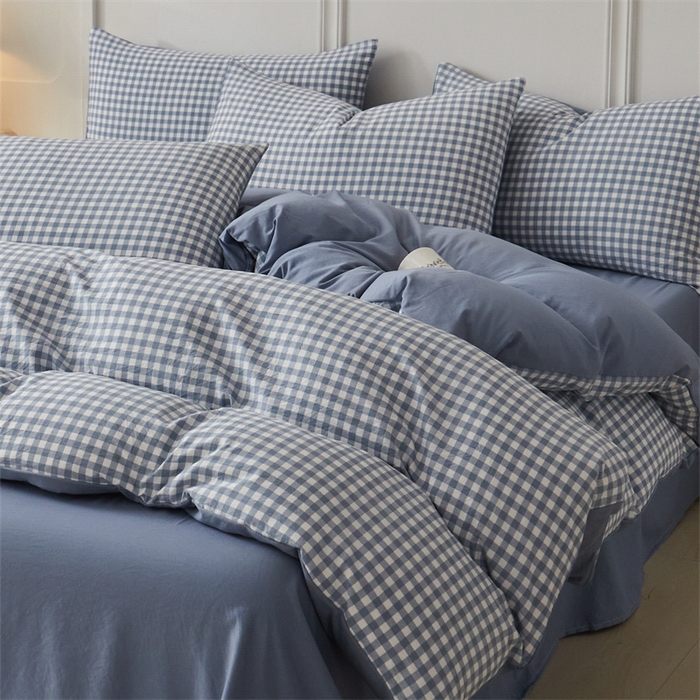 91家纺网 家纺一手货源 找家纺 盛秋家纺 2025新款格子单被套蓝小格+蓝灰