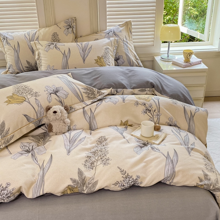 91家纺网 家纺一手货源 找家纺 优品阁 2024新款亲肤舒适全棉磨毛四件套学生三件套系列  且听风铃-灰