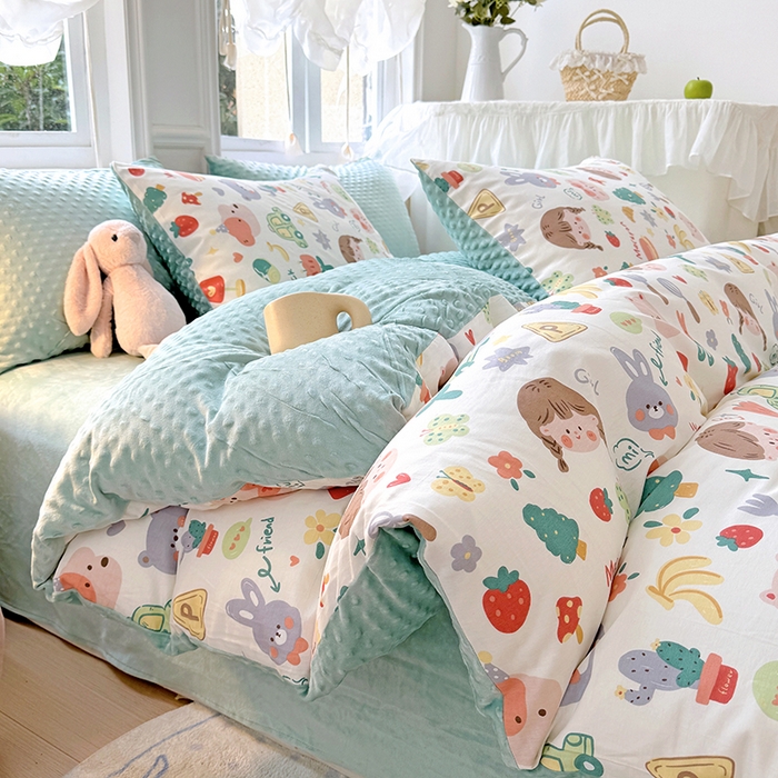 91家纺网 家纺一手货源 找家纺 优迈2024新秋冬加厚保暖全棉+豆豆绒四件套婴儿绒牛奶绒豆豆单被套单人双人加大号棉加绒三件套四件套 小孩儿哥姐