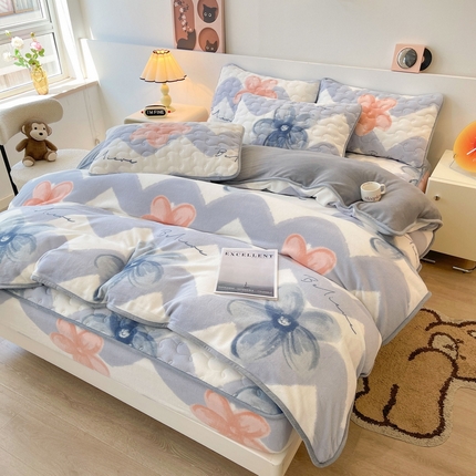 2024秋冬A类牛奶绒加厚夹棉床笠+牛奶绒被套四件套艾琳娜