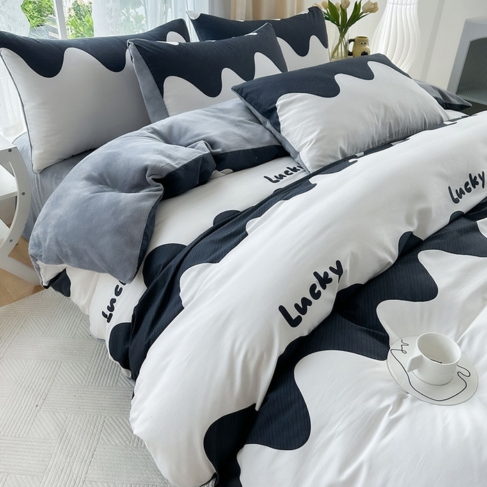 91家纺网 家纺一手货源 找家纺 金鑫汇家纺 2024年新款棉加绒印花四件套保暖牛奶绒法莱绒水晶绒 棉加绒-波浪世界