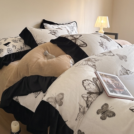 2024新款加厚保暖高克重法式赫本风牛奶绒四件套 法式-蝴蝶翩翩