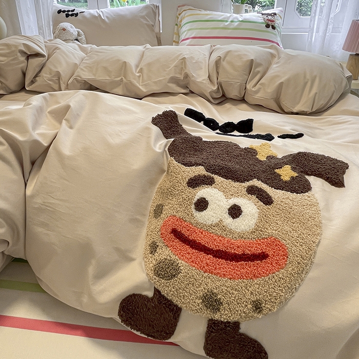 91家纺网 家纺一手货源 找家纺 吉象家纺 2024新款全棉斜纹毛巾绣混搭四件套 香肠嘴娃娃